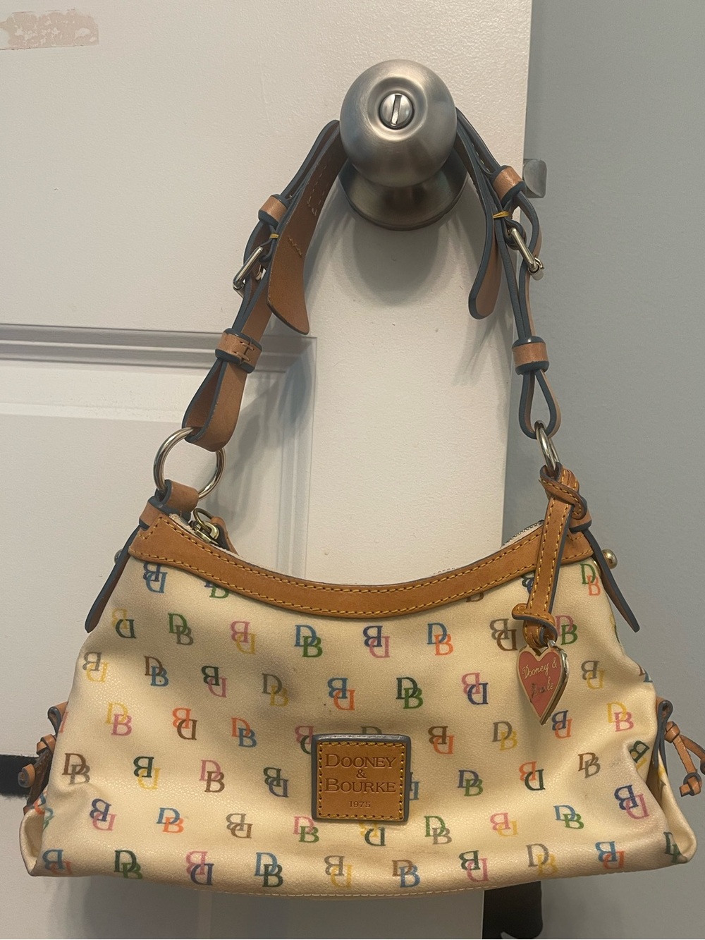 Vintage Y2K Dooney & Bourke Cream Multicolor DB Logo Shoulder Hobo